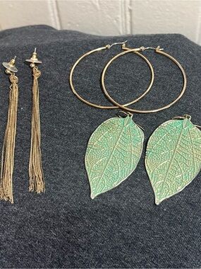 Gold Hoop Earrings with Green Leaf Dangle - Women's Jewelry